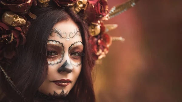 Closeup Portrait Calavera Catrina Red Dress Sugar Skull Makeup Dia — Stock Photo, Image
