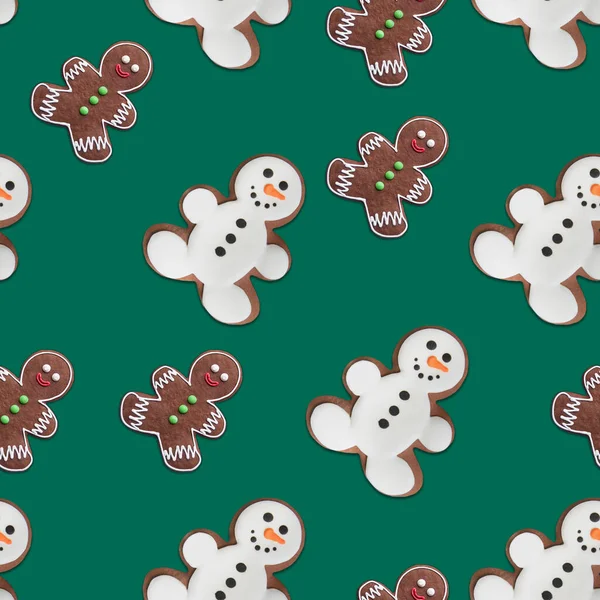 Sømløse Mønster Julekoncept Honningkager Snemand Cookies Med Skygge Grøn Baggrund - Stock-foto