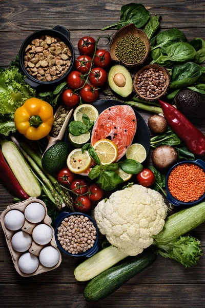 Alimento Saludable Para Concepto Dieta Cetogénica Fondo Negro Alimentos Ricos —  Fotos de Stock