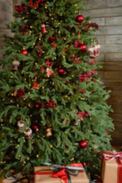 Defocused Bokeh Φόντο Χριστουγεννιάτικο Δέντρο Χριστουγεννιάτικες Διακοπές Καλή Πρωτοχρονιά Διακοσμημένο — Φωτογραφία Αρχείου