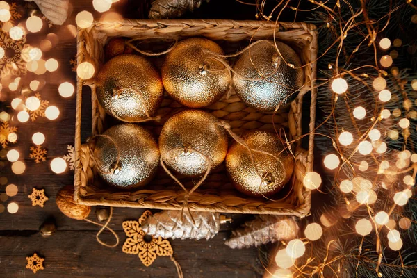 Palline Oro Argento Albero Giocattoli Decorazione Natale Scatola Felice Anno — Foto Stock
