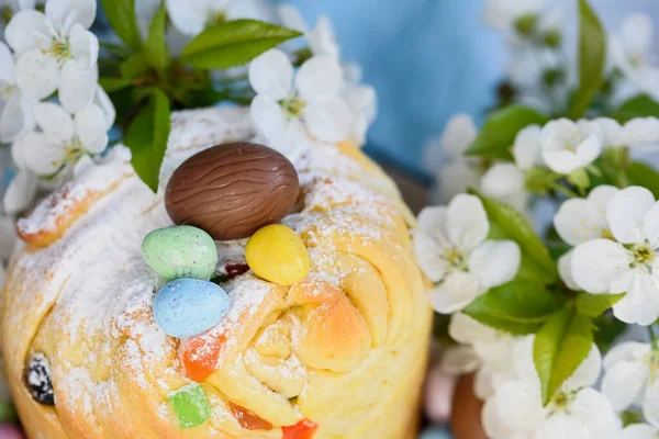 Traditioneller Cupcake Osterkuchen Kraffin Mit Rosinen Auf Blauem Hintergrund Kirschblüten — Stockfoto