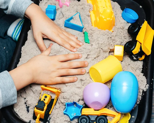 Jeu Enfant Avec Sable Cinétique Des Machines Construction Jouets Main — Photo