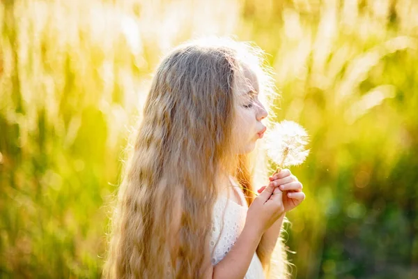 Zomer Portret Van Meisje Met Grote Paardenbloem Sluit Foto Van — Stockfoto