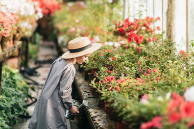 Bahar çiçekleri eken çocuk. Küçük kız bahçıvan açelya yetiştiriyor. Çiçek saksısında açelya çalısı tutan kız. Bitkilerle ilgilenen çocuk. Elinde çiçek sepeti olan bir bebek. Pembe çiçekleri tutan kız