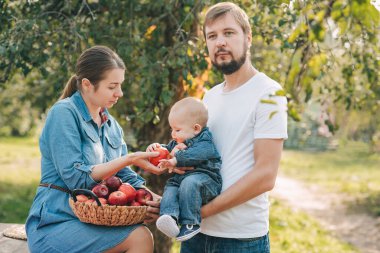 Mutlu aile portresi sarılıyor ve dışarıda birlikte vakit geçiriyorlar. Bahçede küçük bir bebeği olan genç bir anne ve baba. Elma hasadı ve sonbaharda çiftlikte toplama.