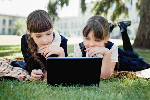 Uzaktan Öğrenen Çocuklar Dışarıda Dizüstü Bilgisayarla Öğreniyorlar Doğada Çalışan Çocuklar — Stok fotoğraf