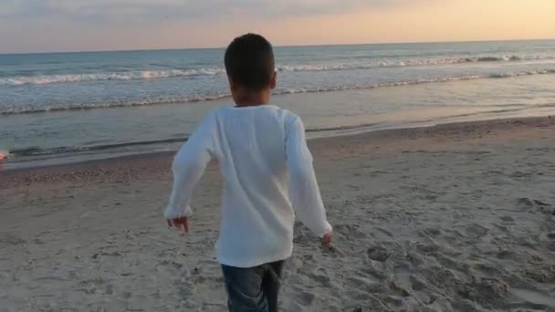 Summer Vacation Sea Boy Shirt Seaside Child Running Beach Having — Stock Video