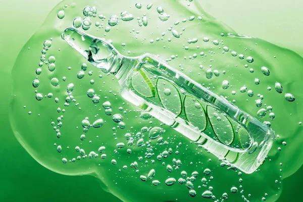 Aloe Vera Gel Cosmetic Texture Glass Bottle Ampoule Green Bubbles — Stock Photo, Image