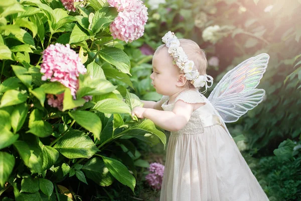 Girl Butterfly Wings Hydrangea Park Beauty Imagination Fairy Tale Concept — Stock Photo, Image