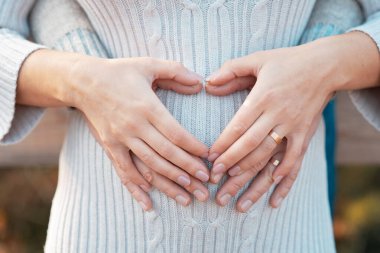 Sonbahar parkında aile bir arada. Mutlu koca ve hamile karısı doğada dinleniyor. Mutlu evli bir çift bebek bekliyor. Hamilelik, hamilelik konsepti. Ebeveynler ellerini hamile karnına koyar