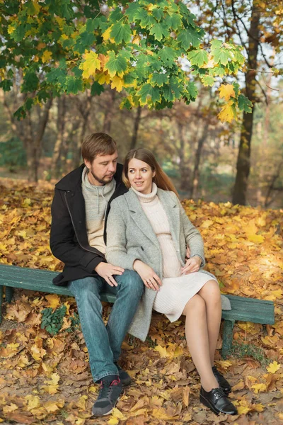 Family Together Autumn Park Happy Couple Husband His Pregnant Wife Stock Photo