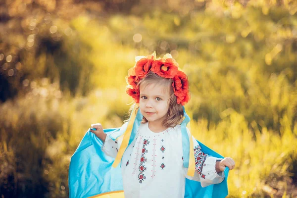 ビシバンカの日だ ウクライナの青と黄色の旗と伝統的な刺繍で子供 ウクライナ憲法の日 8月24日 愛国的な休日だ 女の子の屋外の肖像画 ウクライナ独立記念日 — ストック写真