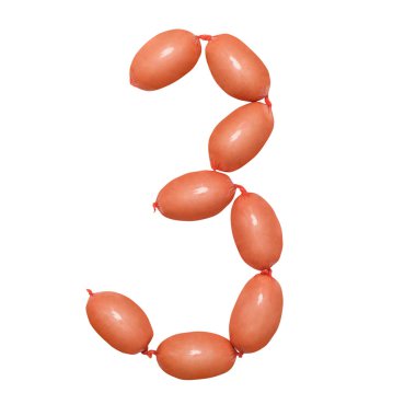 3 numara sosisten seçilmiş, beyaz arka planda kırpma yolu ile izole edilmiş. Lezzetli Sosis Alfabesi metafor, konsept restoran, market ve bbq yaratıcı fikir olarak.