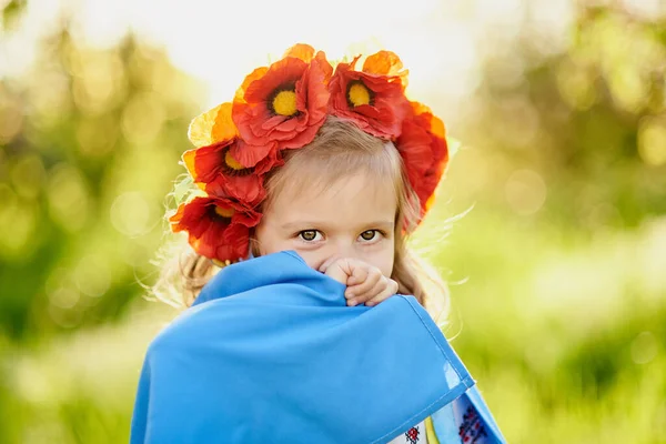 乌克兰人独立纪念日 宪法日 乌克兰小女孩穿着绣花衬衫Vyshyvanka 田里挂着乌克兰的黄色和蓝色国旗 乌克兰的国旗符号 基辅日 — 图库照片