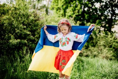 Ukrayna Bağımsızlık Bayrağı Günü. Anayasa günü. Üzerinde Ukrayna 'nın sarı ve mavi bayrağı olan nakışlı tişörtlü çocuk Ukraynalı kız çocuğu. Ukrayna 'nın bayrak sembolleri. Kiev, Kiev günü