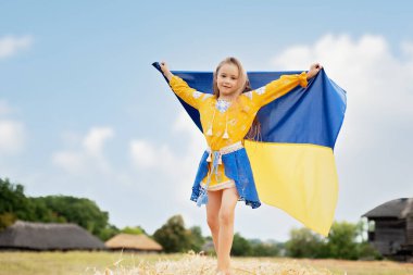 Ukrayna Bağımsızlık Bayrağı Günü. Anayasa günü. Üzerinde Ukrayna 'nın sarı ve mavi bayrağı olan nakışlı tişörtlü çocuk Ukraynalı kız çocuğu. Ukrayna 'nın bayrak sembolleri. Kiev, Kiev günü