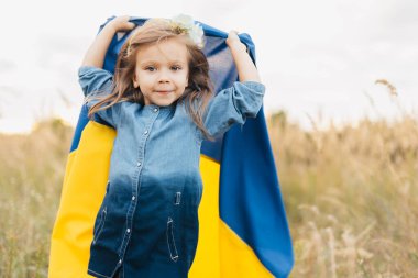 Ukrayna Bağımsızlık Bayrağı Günü. Anayasa günü. Üzerinde Ukrayna 'nın sarı ve mavi bayrağı olan nakışlı tişörtlü çocuk Ukraynalı kız çocuğu. Ukrayna 'nın bayrak sembolleri. Kiev, Kiev günü