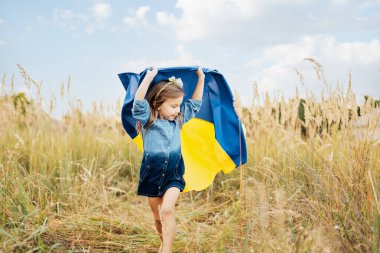 Ukrayna Bağımsızlık Bayrağı Günü. Anayasa günü. Üzerinde Ukrayna 'nın sarı ve mavi bayrağı olan nakışlı tişörtlü çocuk Ukraynalı kız çocuğu. Ukrayna 'nın bayrak sembolleri. Kiev, Kiev günü