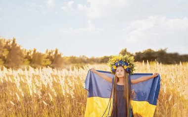 Ukrayna Bağımsızlık Bayrağı Günü. Anayasa günü. Üzerinde Ukrayna 'nın sarı ve mavi bayrağı olan nakışlı tişörtlü çocuk Ukraynalı kız çocuğu. Ukrayna 'nın bayrak sembolleri. Kiev, Kiev günü
