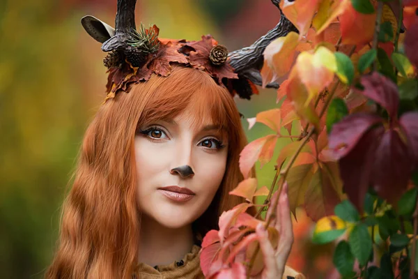 Fairy Woman Deer Horns Autumn Forest Face Painting Beautiful Mystery — Stock Photo, Image