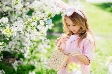 Paskalya yumurtası avı. Bahçede yumurta toplamak için koşan tavşan kulaklı bir kız çocuğu. Paskalya geleneği. Renkli yumurtalarla dolu sepeti olan bebek.