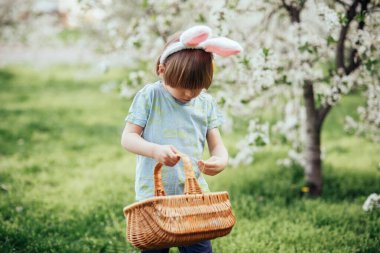 Parlak Plastik Yumurta Taşıyan Çocuk ile Paskalya Yumurtası Avı. Gülümseyen çocuk tavşan kulağı takıyor ve çiçek açan bahar bahçesinde renkli paskalya yumurtalarıyla dolu hasır bir sepet tutuyor.