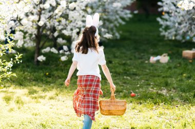 Paskalya yumurtası avı. Bahçede yumurta toplamak için koşan tavşan kulaklı bir kız çocuğu. Paskalya geleneği. Renkli yumurtalarla dolu sepeti olan bebek.