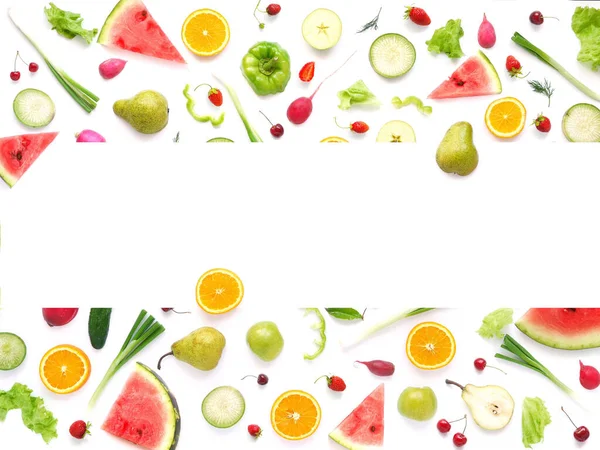 Färsk Hälsosam Mat Ovanifrån Frukt Och Grönsaker Isolerad Vit Bakgrund — Stockfoto