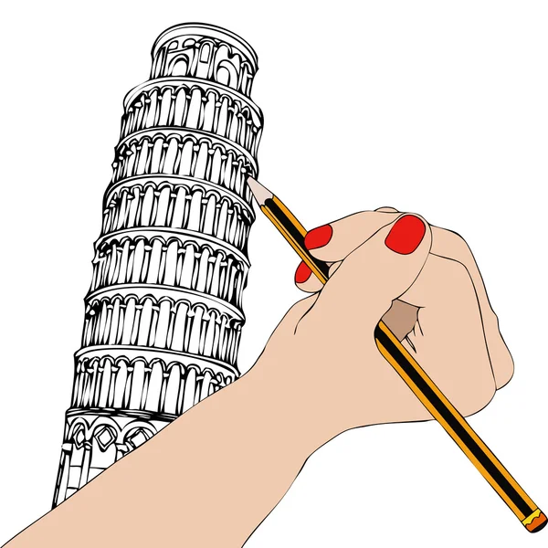 Frau Die Den Turm Von Pisa Zeichnet Illustration Die Die — Stockfoto