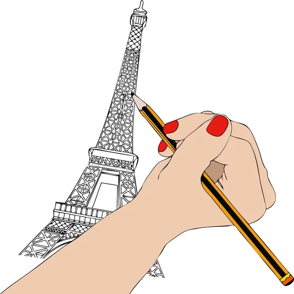 Woman Draws Eiffel Tower Paris Illustration Representing Woman Hand While — Stock Photo, Image