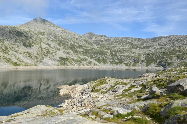 Panoramic view of the "Lago della Vacca" between the Adamello mo — Stock Photo, Image