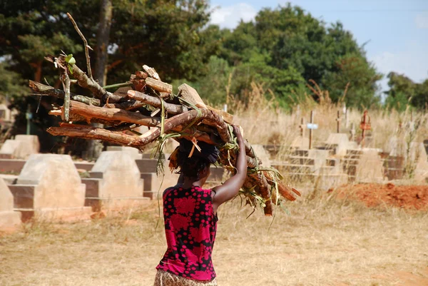 Een Afrikaanse vrouw terwijl de uitvoering van het hout voor het vuur — Stockfoto