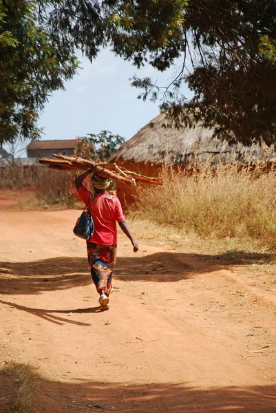 Una donna africana mentre trasportava la legna per il fuoco — Foto Stock