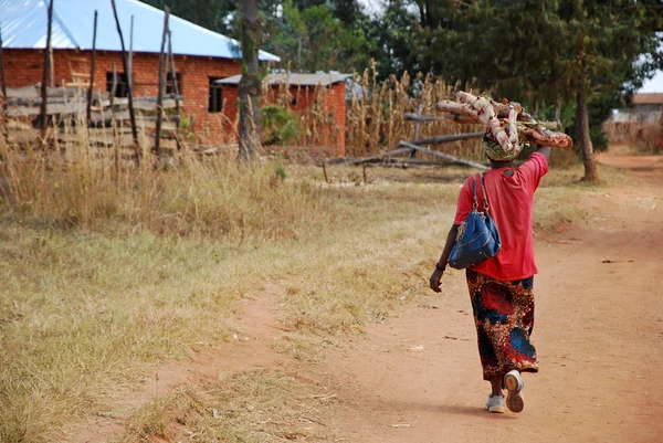 An African woman while carrying the wood for the fire — Stock Photo, Image