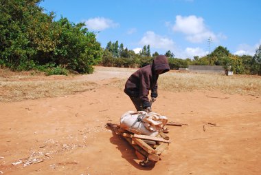 Onun el arabası ile çalışmak için bir Afrikalı Çocuk