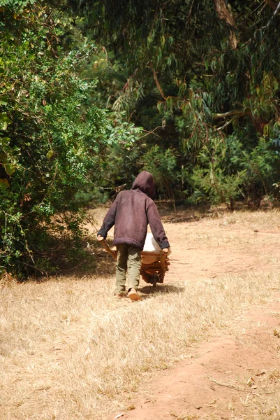 Un niño africano para trabajar con su carretilla — Foto de Stock