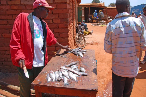 Sierpnia 2014-sprzątaczka świeże ryba na rynku wsi — Zdjęcie stockowe
