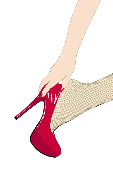 Meisje in fishnet kousen en rode schoenen — Stockvector