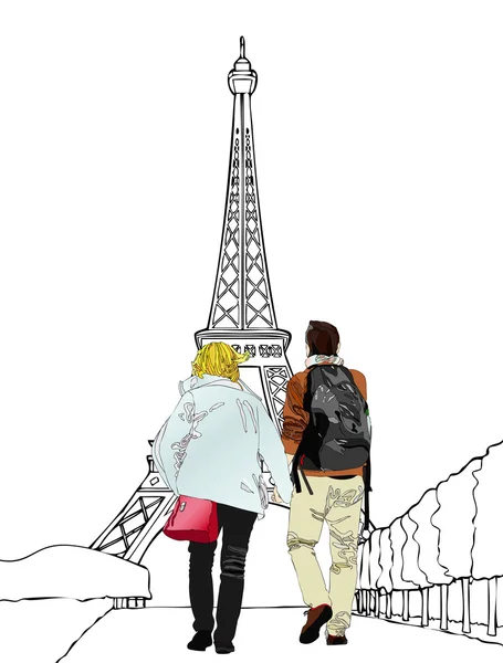 Turistas en París — Vector de stock