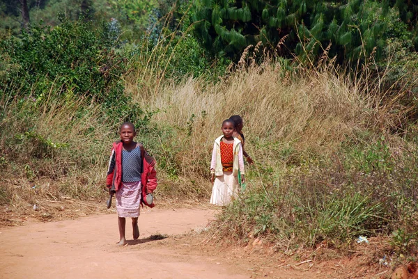 Crianças africanas na estrada de terra para Kilolo na Tanzânia África — Fotografia de Stock
