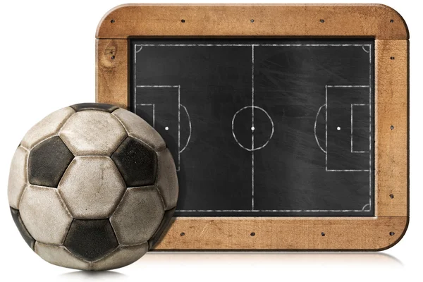 Topu ve futbol sahası ile yazı tahtası — Stok fotoğraf