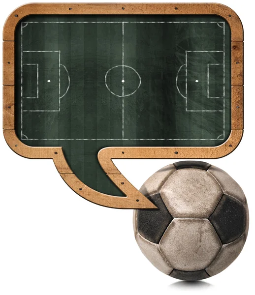 Quadro negro com campo de futebol e bola — Fotografia de Stock