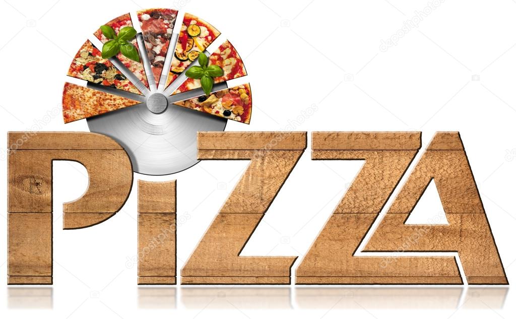 Wooden icon or symbol with text Pizza, stainless steel pizza cutter and slices of pizza. Isolated on a white background
