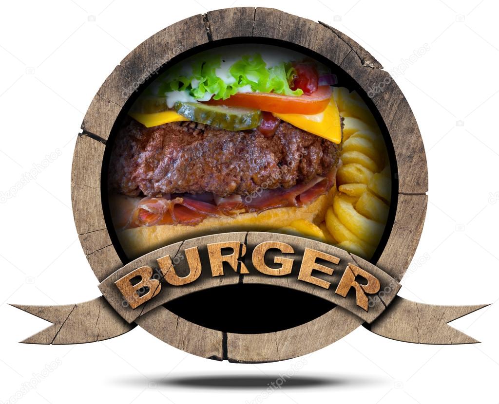 Wooden round burger symbol or icon with a detail of hamburger with french fries. Isolated on white background