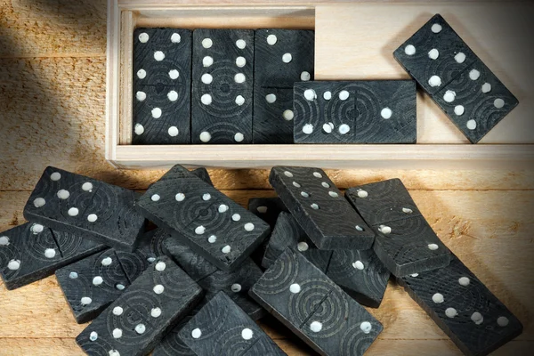 Vintage Pieces of Domino Game with Box — Stock Photo, Image