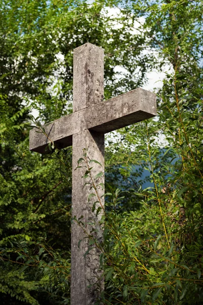 Christian Cross marmer met groene bomen — Stockfoto