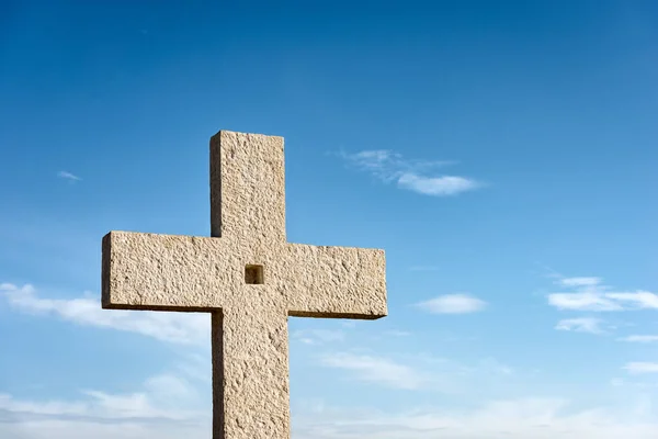 Christian Cross Made White Marble Blue Sky Clouds Small Village — Stock Photo, Image