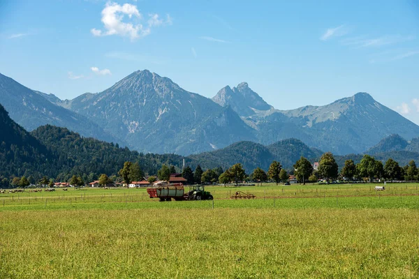 Groene Landbouwvelden Beierse Alpen Met Het Stadje Schwangau Bij Fussen — Stockfoto