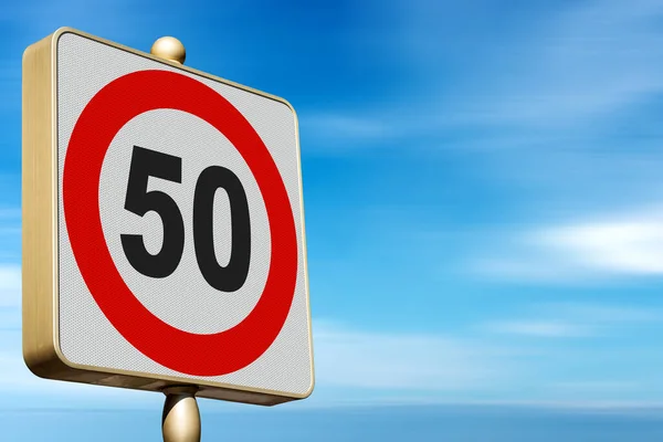 Closeup Modern Road Sign Speed Limit Kmh Kilometry Hodinu Blue — Stock fotografie